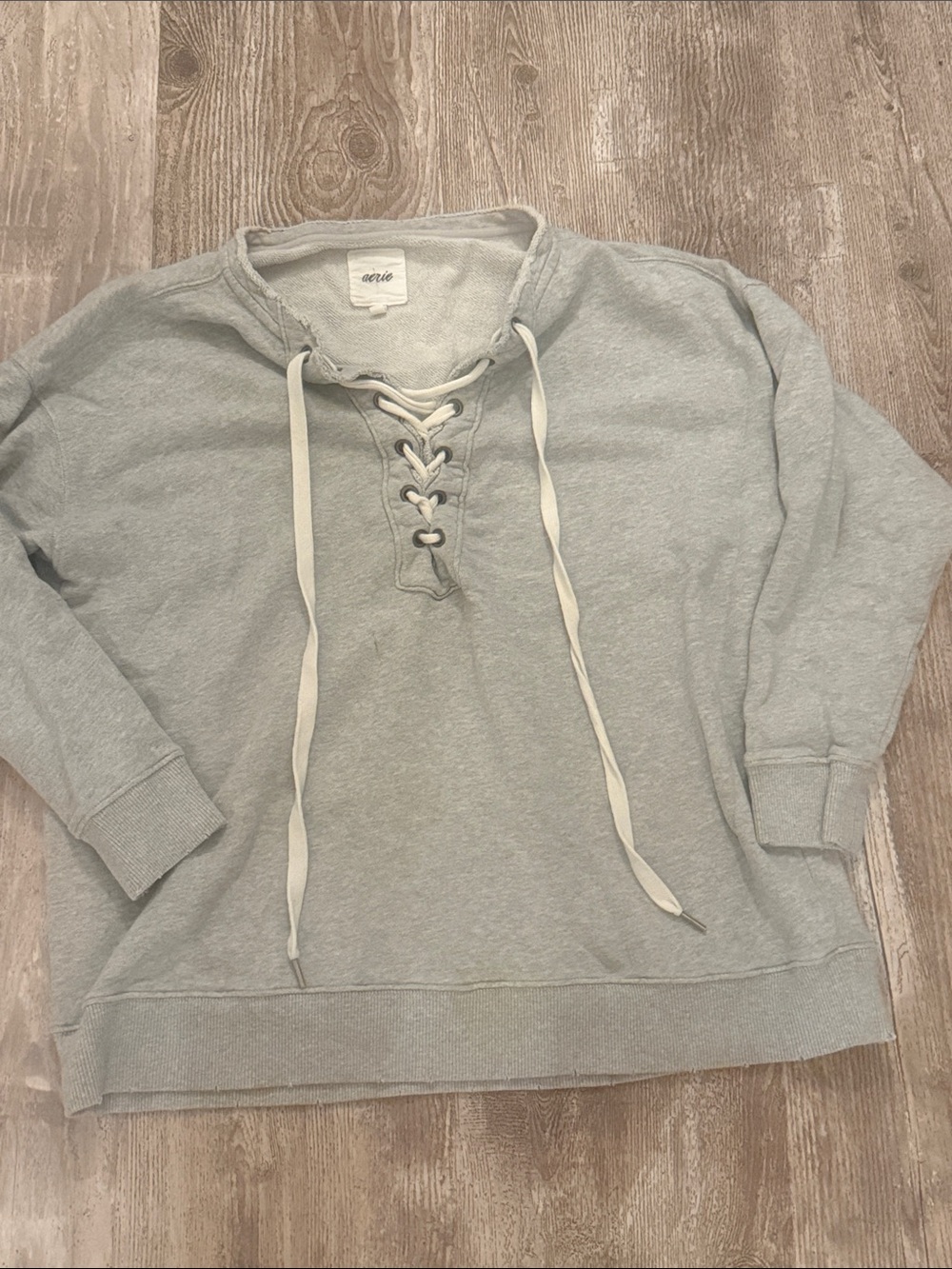 aerie Light Gray Lace-Up Crewneck Sweater